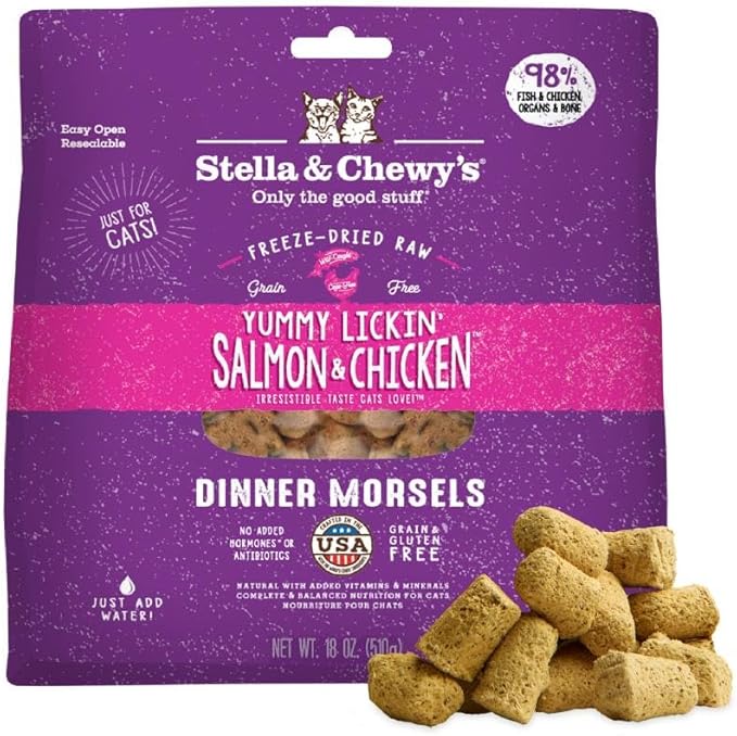 Stella & Chewy's Freeze-Dried Raw Cat Dinner Morsels - Premium Salmon & Chicken Recipe with 98% Wild-Caught & Cage-Free Protein - Natural Grain-Free Cat & Kitten Food - Made in USA - 18 oz