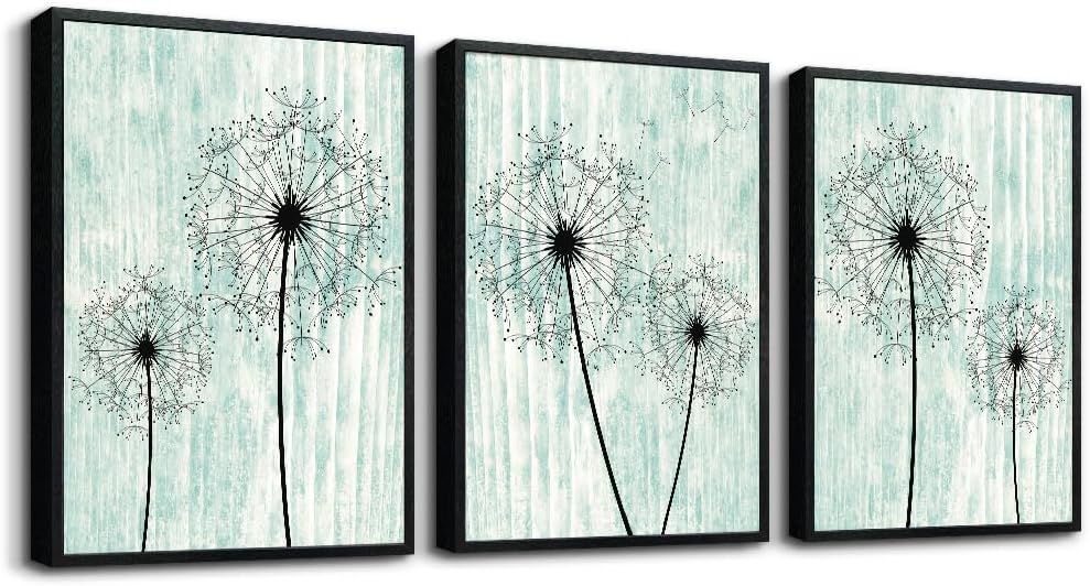 AHUASJART Black Framed Wall Art for Living Room Wall decor for Bedroom Room Decor light green background Pictures Dandelion Paintings posters kitchen Home Decorations 3 Piece Framed Prints Artworks