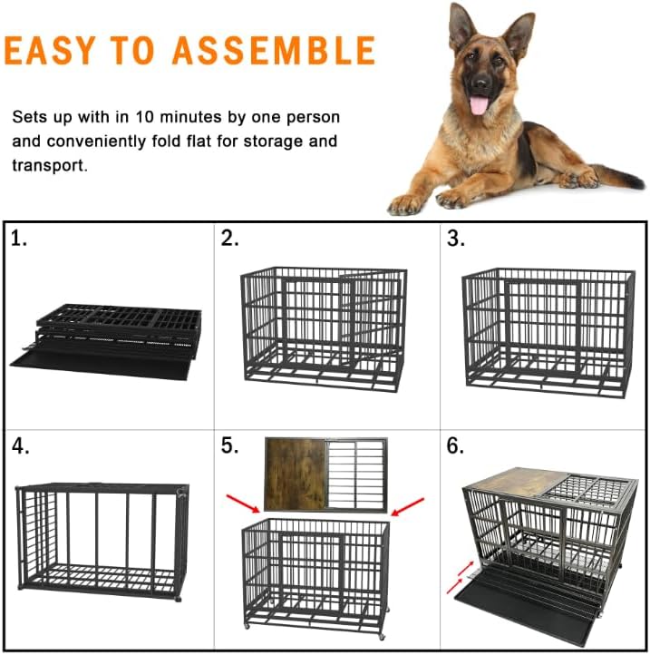 54/48/42/38 Inch Heavy Duty Funiture Dog Crate with Wheels, Indestructible and Escape Proof Wooden Kennel Indoor for High Anxiety Dogs with Double Door and Tray, Extra Large XL XXL