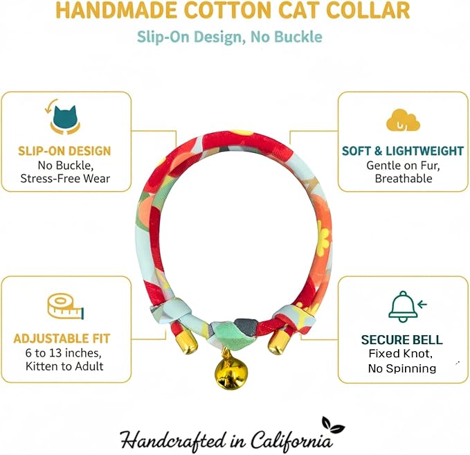 Handmade Cotton Cat Collar with Bell – Adjustable Slip-On Design, No Buckle, Lightweight Rope Collar for Kittens, Indoor Cats, and Small Pets (Aurora)