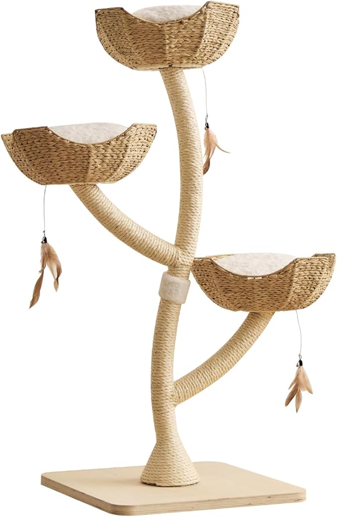 52” Tall Modern Cat Tree Tower for Large Cats| Cat Scratching Posts with Hand Woven Baskets and Mats| Luxury Cat Condo for Multiple Cats | Cat Furniture for Gifts （52” Natural）