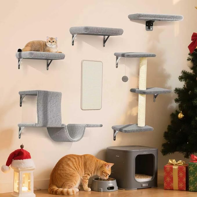 6-in-1 Wall Mounted Cat Climber Set for Heavy Cats，Wall Shelves,Stable & Safe Cat Furniture Set for Large Cats, Wooden Climbing Wall with Scratching Post（ Gray）