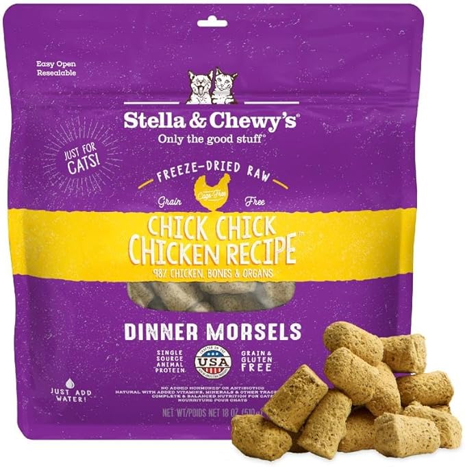 Stella & Chewy's Freeze-Dried Raw Cat Dinner Morsels - Premium Chicken Recipe with 98% Cage-Free Meat & Organs - Natural Grain-Free Cat & Kitten Food - Made in USA - 18 oz