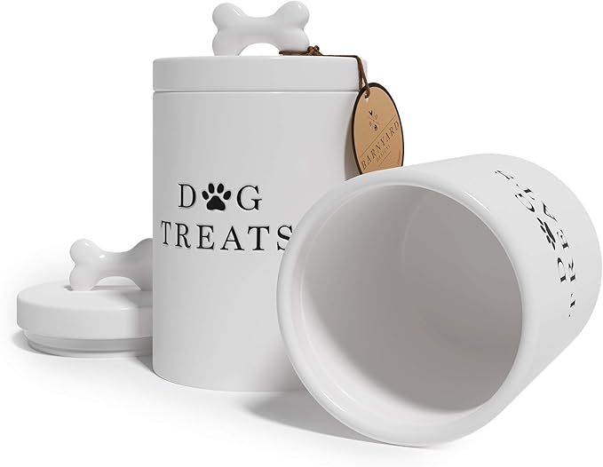 Barnyard Designs Large Dog Treat Container Airtight with Lid, Cute Rustic Ceramic Dog Treat Storage Jar for Kitchen Counter (White)