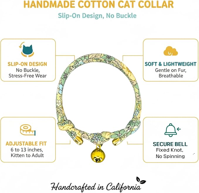 Handmade Cotton Cat Collar with Bell – Adjustable Slip-On Design, No Buckle, Lightweight Rope Collar for Kittens, Indoor Cats, and Small Pets (Lime)
