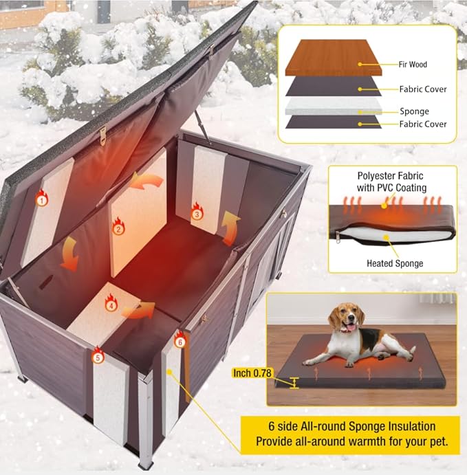 Aivituvin Large Dog House with Insulated Liner for Outdoor, Waterproof Outsides Heated Dog Kennel for Small Medium Large Dog with All-Around Iron Frame