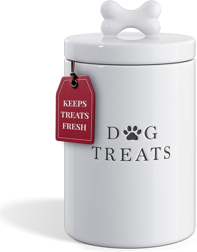Barnyard Designs Large Dog Treat Container Airtight with Lid, Cute Rustic Ceramic Dog Treat Storage Jar for Kitchen Counter (White)