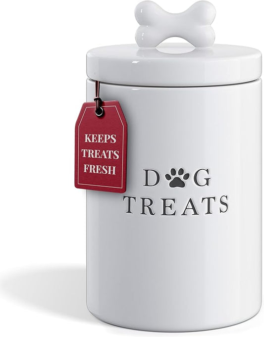 Barnyard Designs Large Dog Treat Container Airtight with Lid, Cute Rustic Ceramic Dog Treat Storage Jar for Kitchen Counter (White)