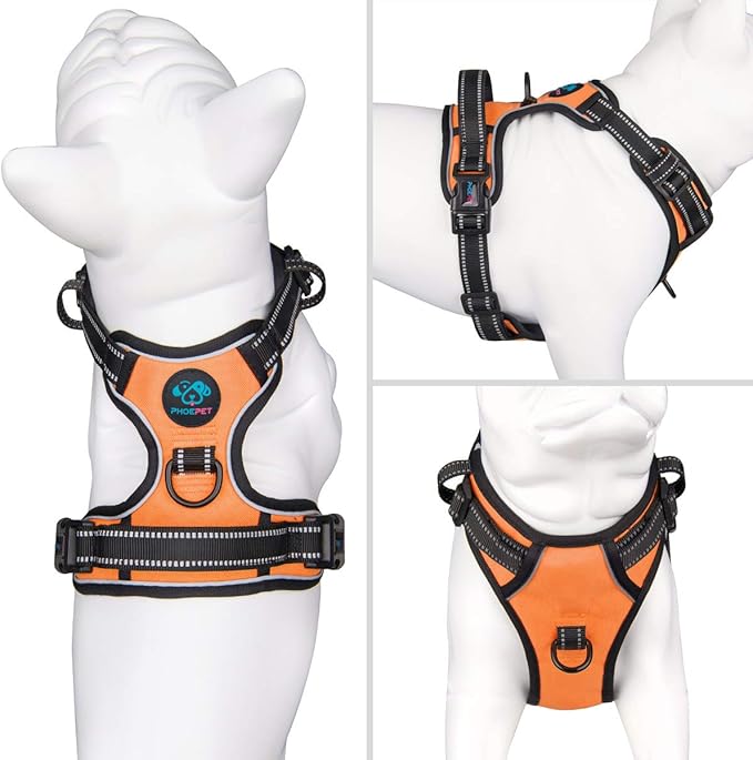 PHOEPET Reflective Dog Harness No Pull Large Breed Vest with 2 Metal Leash Attachment Hooks(L, Orange)