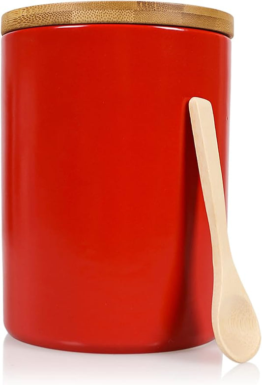 Arthausen Red Ceramic Storage Jar Canister for Flour Sugar - Airtight Bamboo Lid w/Silicone Seal, Spoon - Modern Abstract Art Design for Kitchen Counter Bathroom - 4 cup / 1080mL