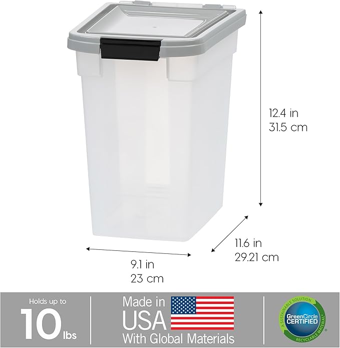 IRIS USA Airtight Dog Food Storage Container, WeatherPro, Up to 10 lbs, Removable Wheels, for Dog Cat Bird and Other Pet Food Storage Bin, Keep Fresh, Translucent Body, Made in USA, Clear/Gray