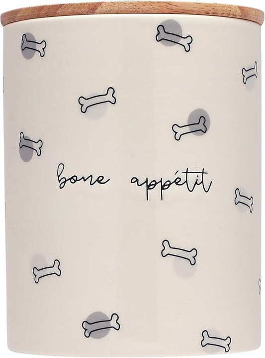 Pearhead Bone Appétit Ceramic Dog Treat Jar with Airtight Wooden Lid – Cute & Stylish Pet Treat Canister Keeps Dog Snacks Fresh – Durable, Easy-to-Clean Design, Kitchen Counter Décor, 4 Cup / 32 oz