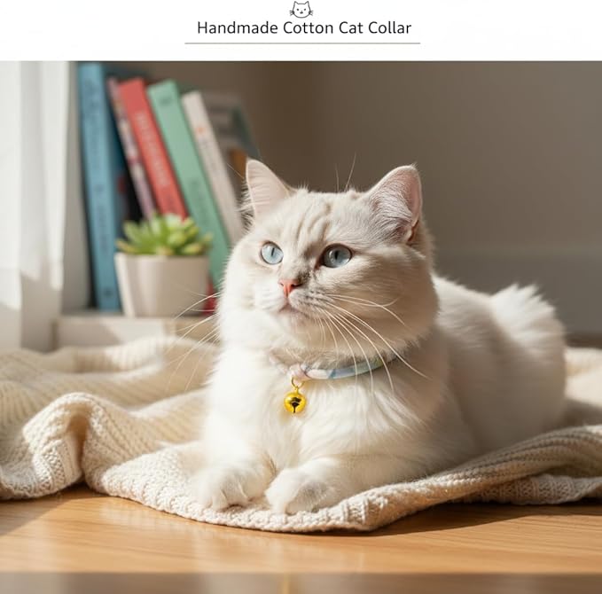 Handmade Cotton Cat Collar with Bell – Adjustable Slip-On Design, No Buckle, Lightweight Rope Collar for Kittens, Indoor Cats, and Small Pets (Dew)