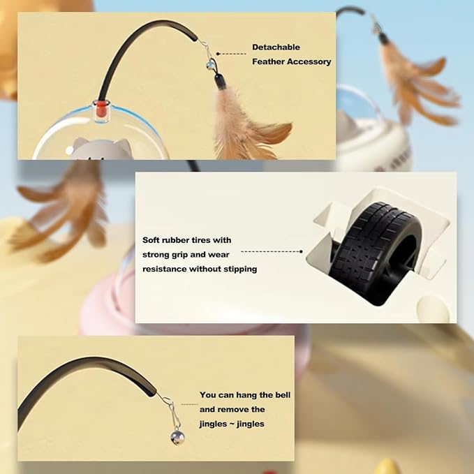 2 in 1 Rechargeable Interactive Cat Toys for Indoor Cats Self Play, Automatic Kitten Toys with Feather Wand and Laser Pointer for Cat Gifts (Cream Coffee)