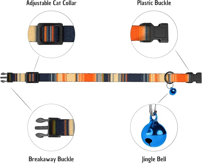 4PCS Breakaway Cat Collars with Bell - Cute Soft Adjustable Safety Kitten Collars 4-Pack - Nylon Pet Collars Nature Tribal Striped Floral Space Aztec Flowers Print (Striped)