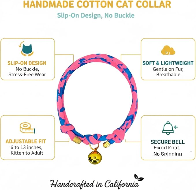 Handmade Cotton Hot Pink Cat Collar with Bell – Adjustable Slip-On Design, No Buckle, Lightweight Rope Collar for Kittens, Indoor Cats, and Small Pets (Pop)