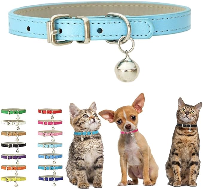 Sky Blue Puppy Collar with Bell, Soft Pu Leather Kitten Dog Collars Adjustable Buckle for XXS XS Extra Small Medium Tiny Female Male Boys Girls Pets Small Cats Teacup Yorkie X-Small