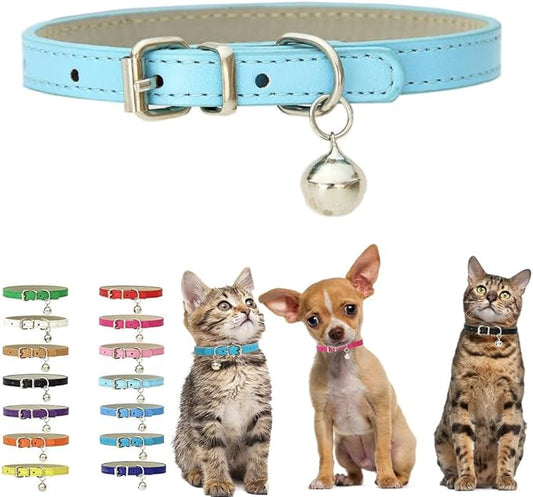 Sky Blue Puppy Collar with Bell, Soft Pu Leather Kitten Dog Collars Adjustable Buckle for XXS XS Extra Small Medium Tiny Female Male Boys Girls Pets Small Cats Teacup Yorkie X-Small