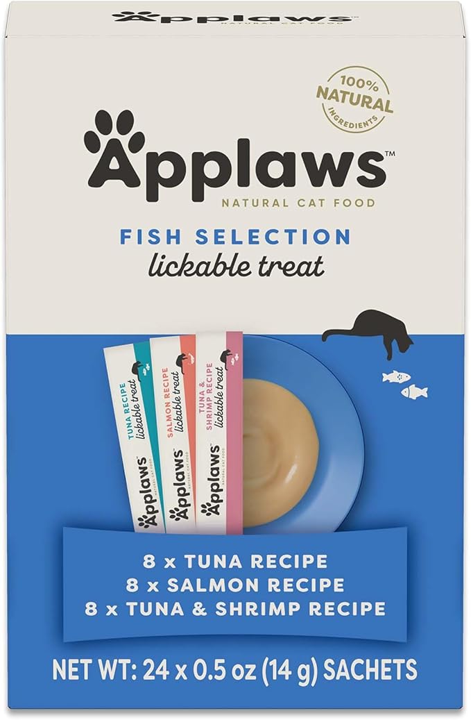 Applaws Lickable Cat Treats, Natural Grain-Free Purée, Made with Limited and Natural Ingredients, No Artificial Additives, Fish Squeeze Up Cat Treats (24 x 0.5 oz Sachets)
