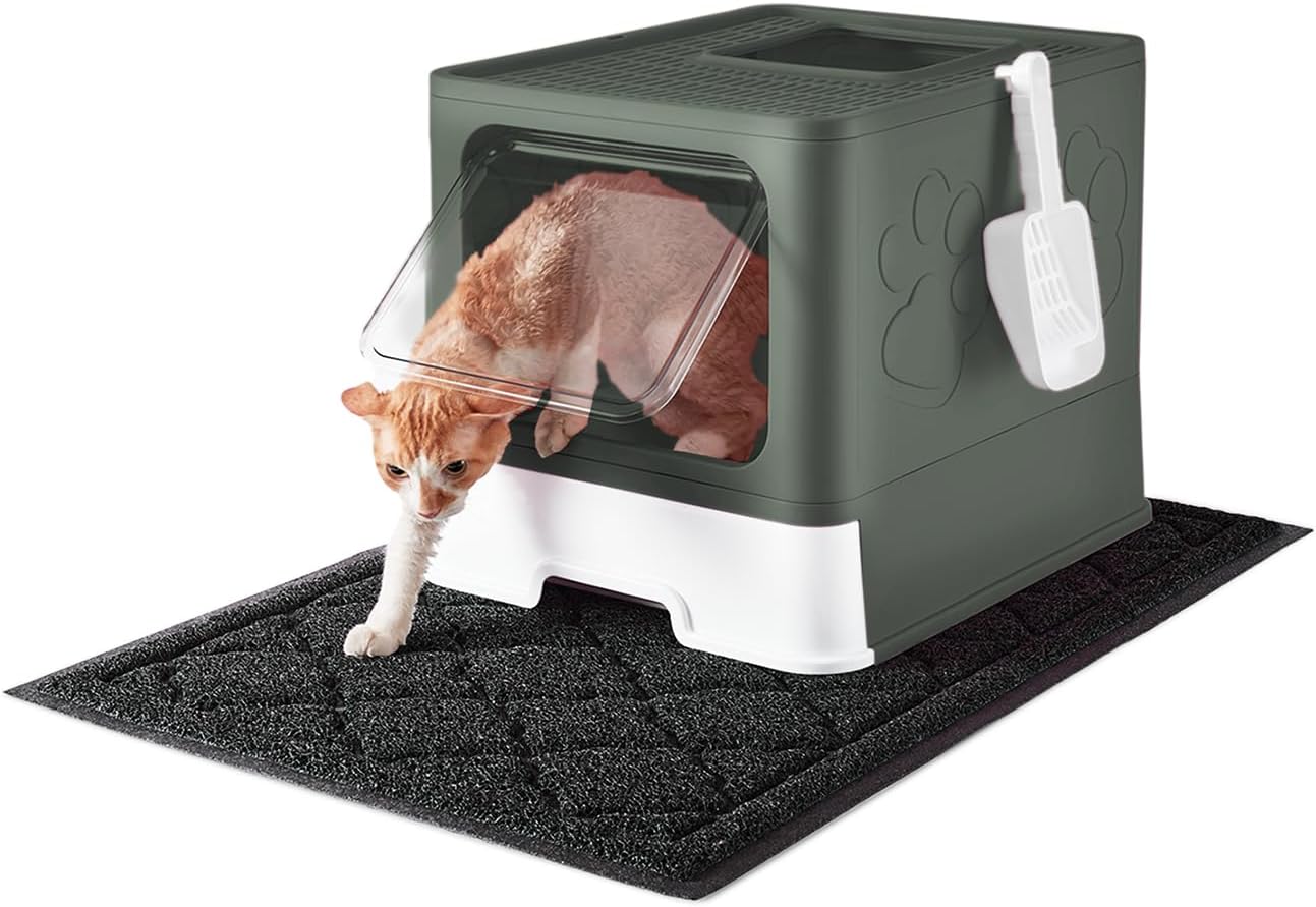 Cat Litter Box with X-Large Litter Mat and Scoop, Large Foldable Litter Box with Lid, Enclosed Kitty Box,Front Top Entry Exit, Odor Control Easy to Clean (Upgrade Olive Green)