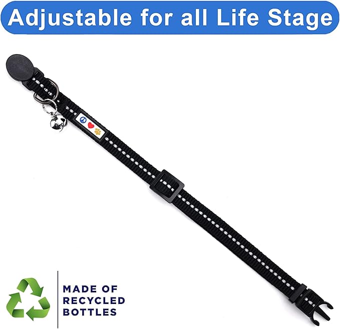 Pawtitas Recycled Black Reflective Cat Collar – Eco-Friendly Breakaway Safety Buckle, Adjustable Kitten & Adult Collar with Removable Bell and High-Visibility Strap