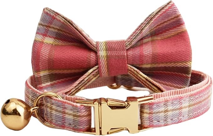 Plaid Polyester Personalized Cat Collar with Name & Owner Phone, Customizable Laser-Engraved, Charming Bell, Metal Buckle for Kittens and Cats - Matching Leash Available (Style-I)
