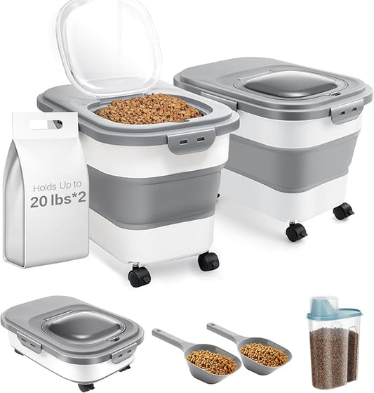 ANVS 20Lbs Dog Food Storage Container Collapsible Dog Food Container with Airtight Lids,Wheels, Scoop and 2.5L Small Pet Food Storage Container Dry Food For Dog, Cat and Other Pet Food (Gray-2)