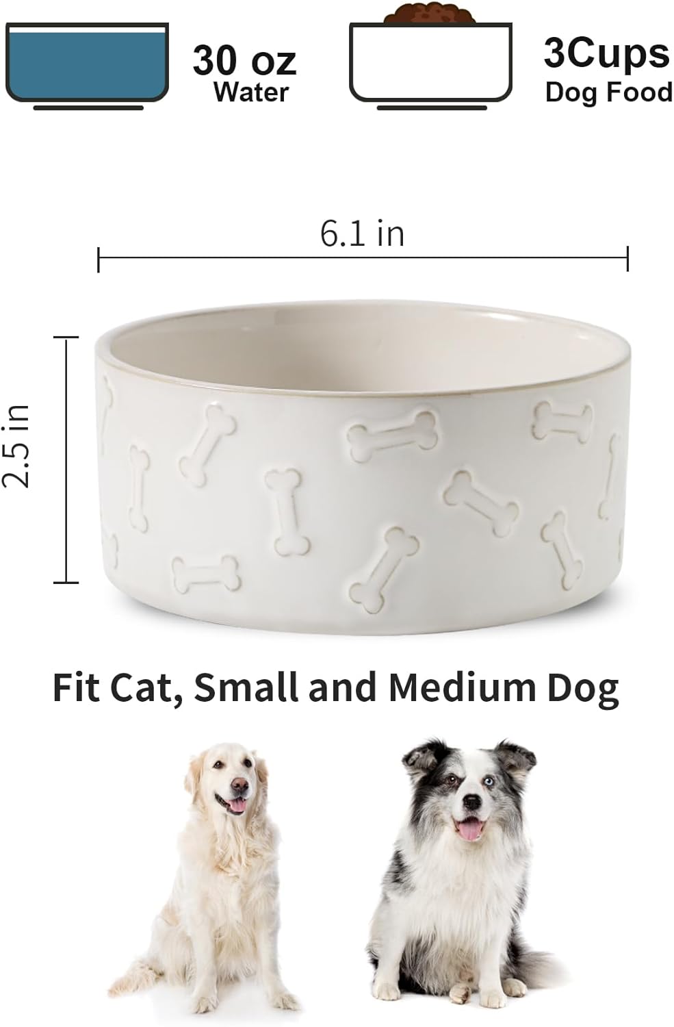 UBEE Ceramic Dog Food Bowl Set of 2, 6.1 inch Dog Bowls Dish with Bone Pattern, Pet Food Water Dish Feeding for Small and Medium Dogs and Large Cat, White