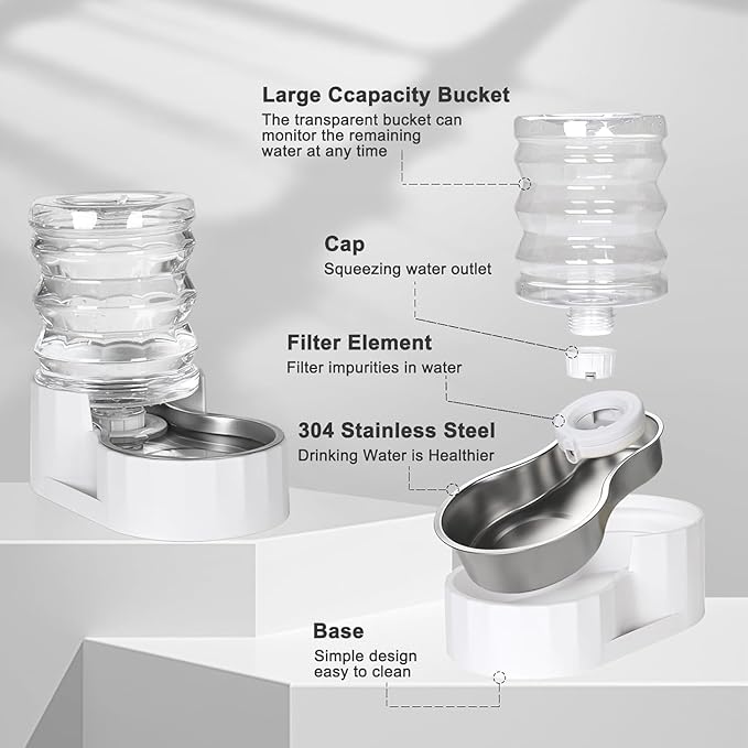 RIZZARI Dog Water Bowl Dispenser: 5L Large Automatic Stainless Steel Gravity Feeder with Specialized Brush and Triple Filter - for Cats with Joint Spine Pain - for Kitchen Bedroom