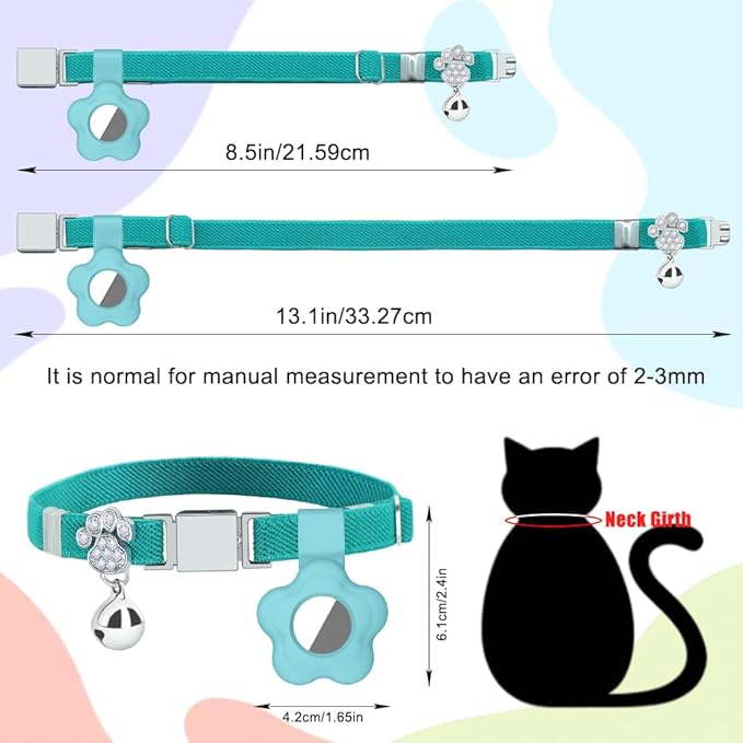 Personalized Safety Elastic Cat Collars with Bell Soft Silicone Cover for Air Tag,Laser Customized Stretch Kitten Collars for Girls Boys Cats (Cyan)
