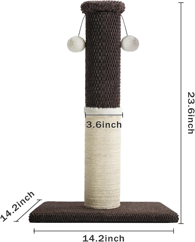 Made4Pets Tall Cat Scratching Post, Heavy Duty and Thicker Scratching Posts for Indoor Cats Adults, 23.6" Natural Sisal Cat Scratcher with Hanging Balls, Sturdy Base Cat Scratch Post, Brown