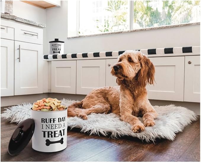 2pc Set Dog Treat Container with Lid, Round Tin Dog Treat Storage Jar for Countertop (Ruff Day)