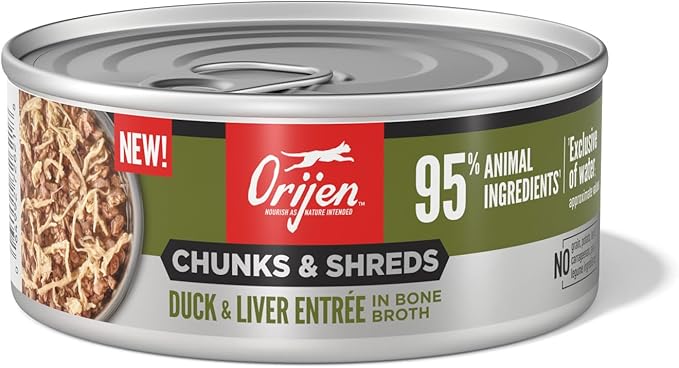 ORIJEN Chunks & Shreds Wet Cat Food Duck & Liver Entrée 5.5oz Cans (6 Count)