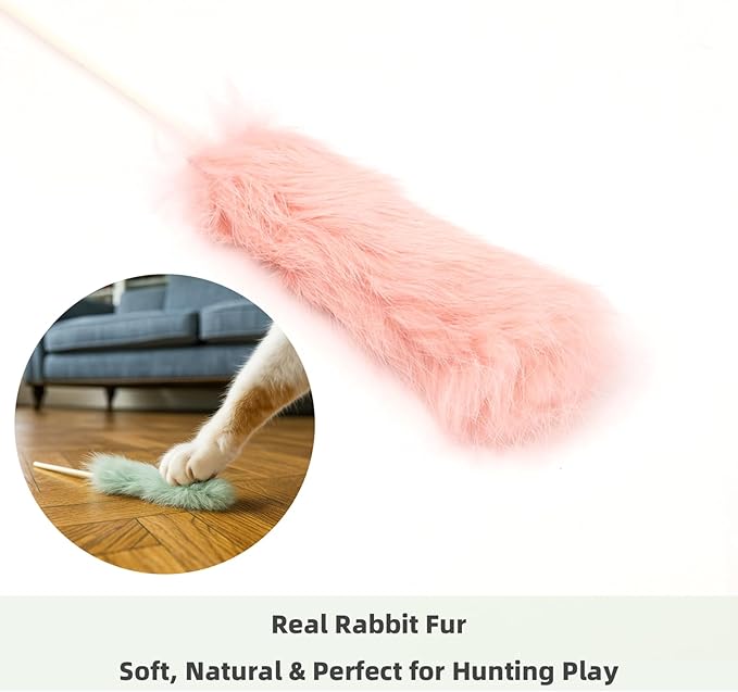 Rabbit Fur Cat Toys – 5PCS Interactive Cat Wand Toys for Indoor Cats, Soft Teaser Sticks for Play & Exercise, Natural Fur Cat's Teaser Set, 15" Long