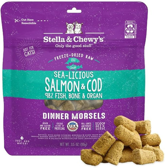 Stella & Chewy's Freeze-Dried Raw Cat Dinner Morsels - Premium Salmon & Cod Recipe with 98% Wild-Caught Fish & Organs - Natural Grain-Free Cat & Kitten Food - Made in USA - 3.5 oz