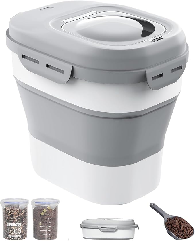 30-35 Lbs Dog Food Storage Container Collapsible Dog Food Container with Airtight Lids, Wheels, Scoop and 2pcs Food Storage Containers, Large Pet food storage for Dog, Cat