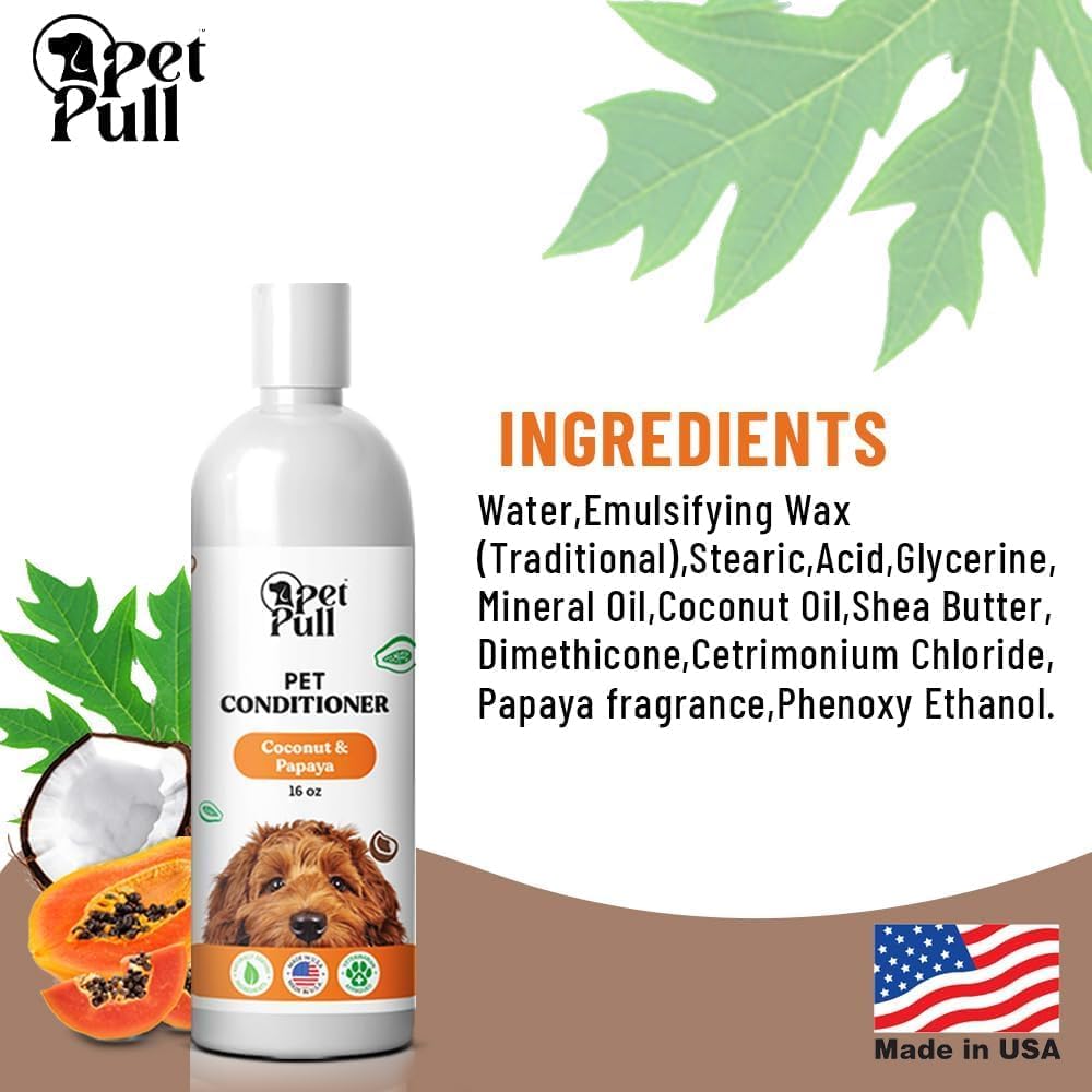 Dog Conditioner Puppy Essentials - Moisturizing Conditioner for Dogs with Coconut and Papaya Scent - Plant Based Dog Bath Supplies Detangle and Revive Pet's Coat - Made in USA (16 Oz)