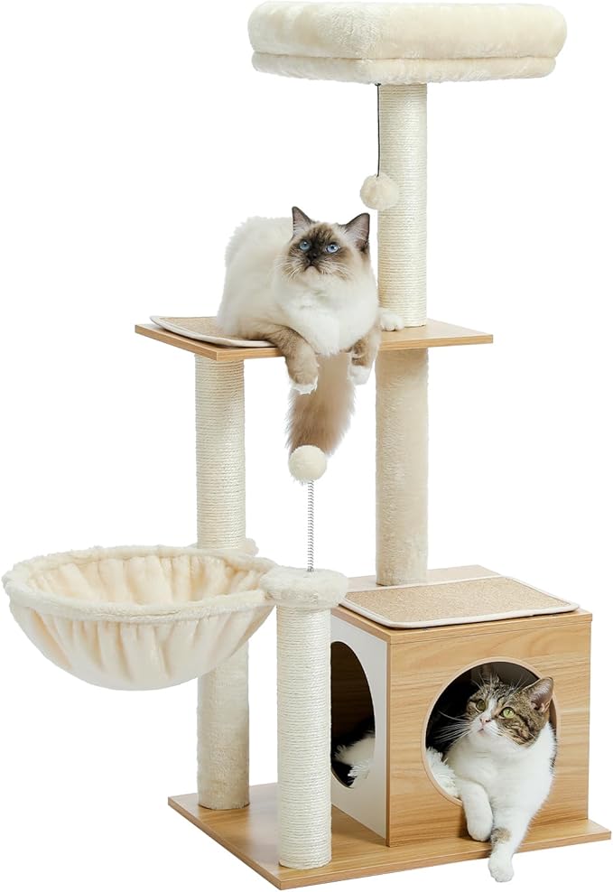 Modern Cat Tree for Indoor Cats, Small Cat Tower with Cat Condo, Scratching Posts, Top Perch and Metal Frame Hammock, Wooden Play House with Anti-Slip Mat, Beige