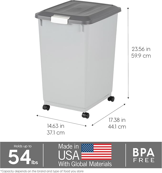 IRIS USA Dog Food Storage Container 50 lbs, 2-Pack with Wheels, Airtight Lid, 2-Cup Scoop, Double Pet Food Storage, Built in Scoop Storage in Lid, Versatile Pet Food Bin, Portable, Gray/Dark Gray