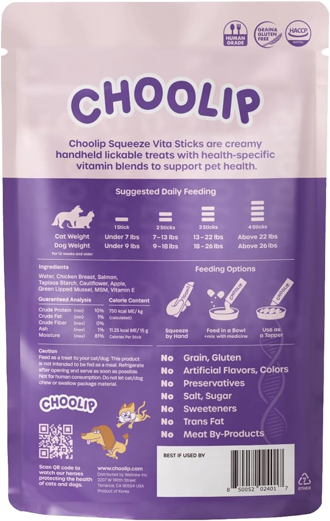 Choolip Squeeze Vita Stick Lickable Cat & Dog Treats – 14 Sticks (2×7 Value Bundle) Joint Support, Creamy Grain-Free Puree with MSM, Green-Lipped Mussel & Vitamin E for Mobility & Cartilage Health