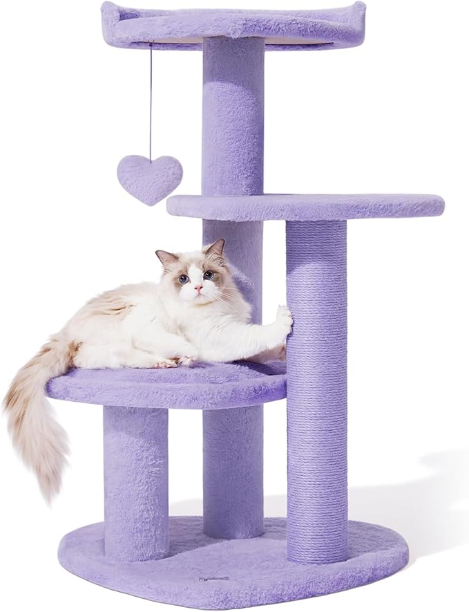 VETRESKA 40 inches Cat Tree for Indoor Cats, Multi Level Cat Tower with Cat Scratching Post, Cute Cat Climbing Tree with Dangling Toy for Cats, Purple
