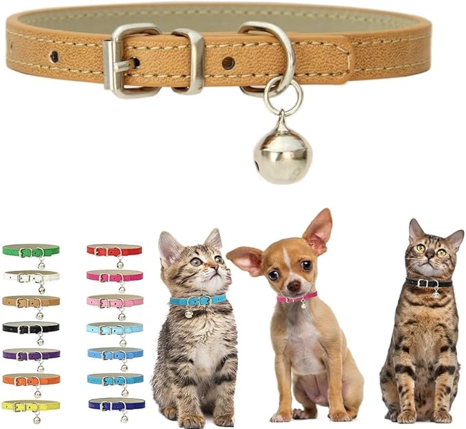 Khaki Puppy Collar with Bell, Soft Pu Leather Kitten Dog Collars Adjustable Buckle for XXS XS Extra Small Medium Tiny Female Male Boys Girls Pets Small Cats Teacup Yorkie X-Small