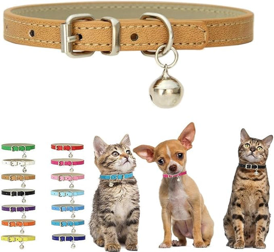 Khaki Puppy Collar with Bell, Soft Pu Leather Kitten Dog Collars Adjustable Buckle for XXS XS Extra Small Medium Tiny Female Male Boys Girls Pets Small Cats Teacup Yorkie X-Small