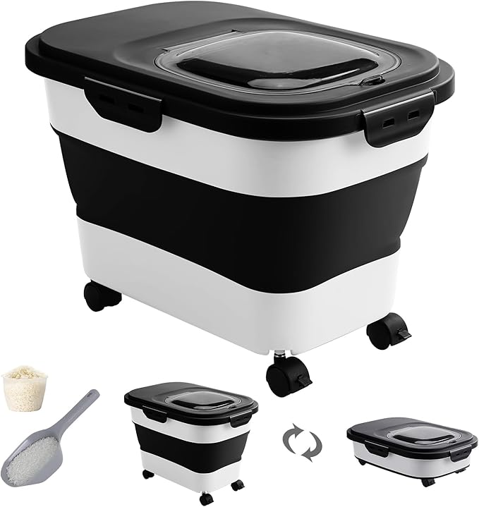 20-30 Lbs Rice Storage Container,Collapsible Food Storage Containers with Rolling Wheel Airtight Locking Lid,Flour Storage Container with Cup and Scoop,Suitable for Food,Rice,Pet Food,Flour
