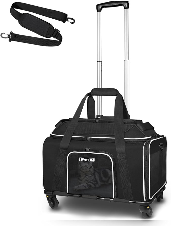Petskd Top-Expandable Pet Carrier with Wheels 17x12x8.5 Inches JetBlue Allegiant Spirit Airline Approved, Soft-Sided Carrier for Small Cat Dog with Locking Safety Zippers and Anti-Scratch Mesh(Black)