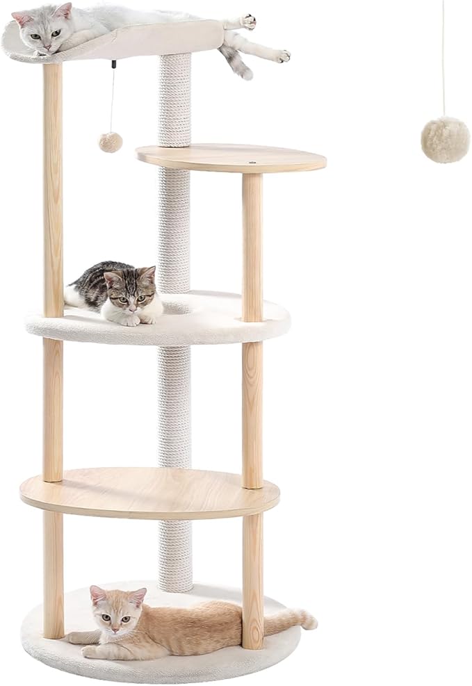 49” Wood Cat Tree Tower for Indoor Cats, 5-Level Modern Cat Tower with Curved Top Perch, Fully Cotton Scratching Posts & Natural Wood Posts, Cat Furniture with Interactive Dangling Ball, Beige