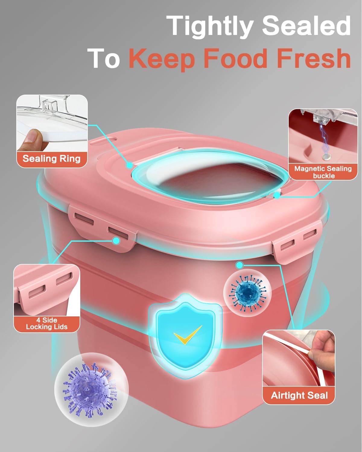 ANVS Dog Food Storage Container - Collapsible Dog Food Container with Airtight Lids, Scoop and 2.5L Small Pet Food Storage Container Dry Food For Dog, Cat and Other Pet Food (Pink, 30 lbs)