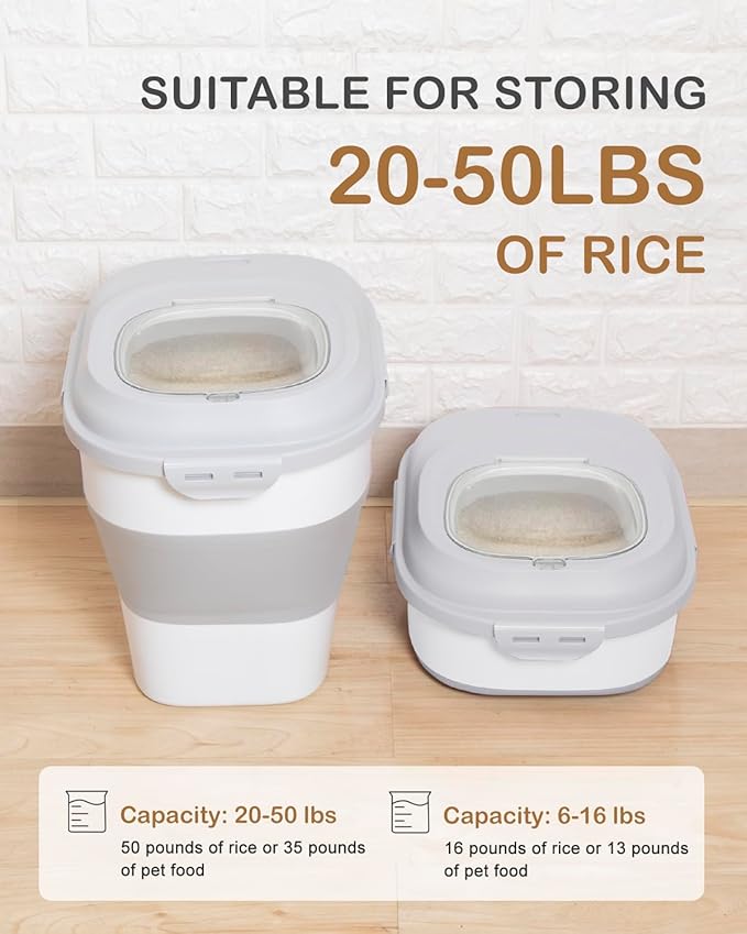 20-50 Lbs Food Storage Container With Wheel, Airtight Locking Lid, Collapsible Rice Container, Flour Storage With Small Container and Scoop, Suitable for Pet Food