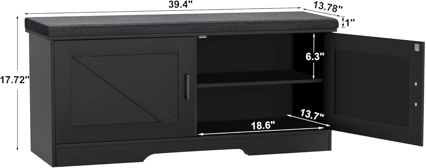 2-Tier Storage Bench, Shoe Bench with Padded Seat Cushion, Entryway Bench with 2 Barn Doors, Adjustable Shelf, 13.8" D x 39.4" W x 17.7" H, for Entryway, Living Room, Bedroom, Black
