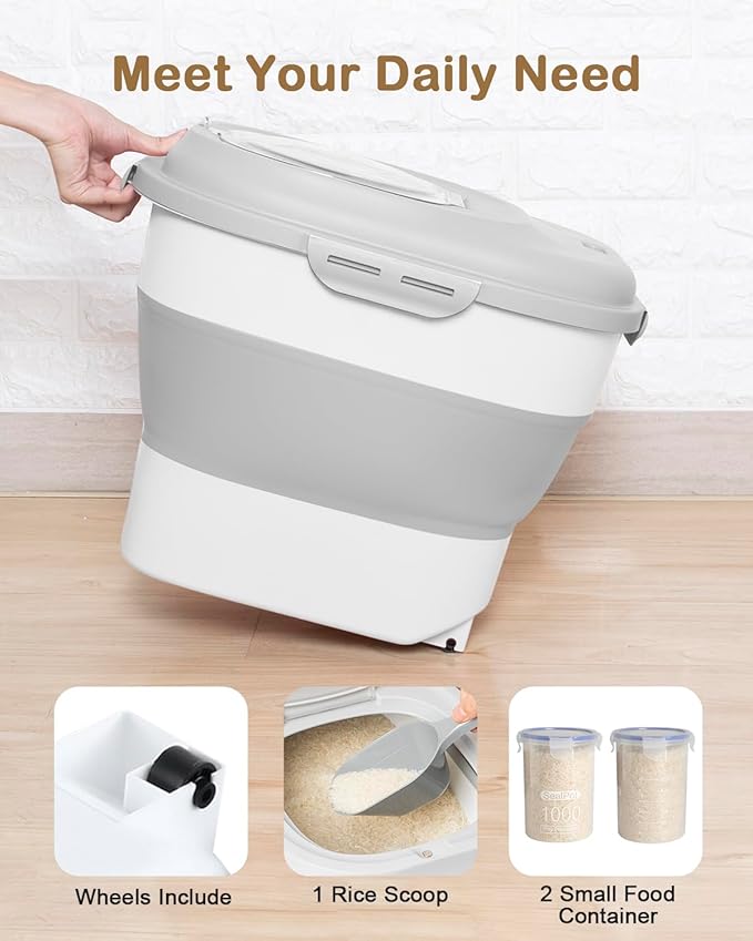 20-50 Lbs Food Storage Container With Wheel, Airtight Locking Lid, Collapsible Rice Container, Flour Storage With Small Container and Scoop, Suitable for Pet Food